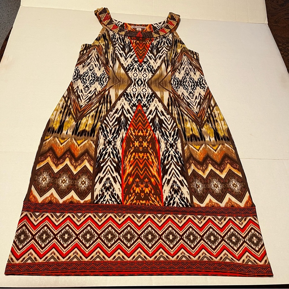 Dress Barn Women SZ 8 Brown Orange Dress Tribal Aztec Sleeveless Beaded Neckline